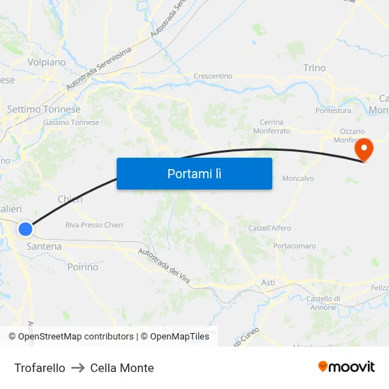 Trofarello to Cella Monte map