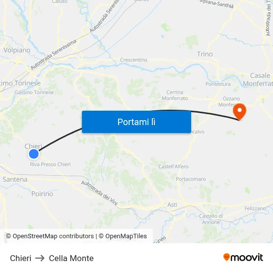 Chieri to Cella Monte map