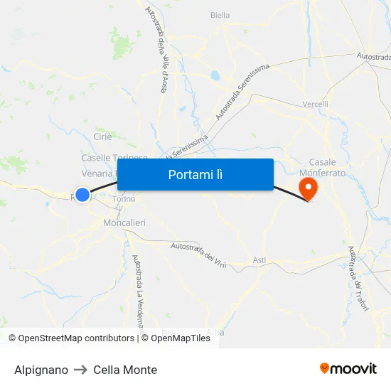 Alpignano to Cella Monte map