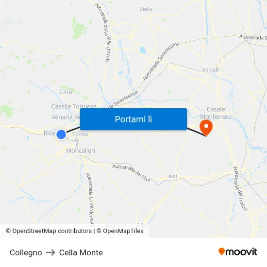 Collegno to Cella Monte map