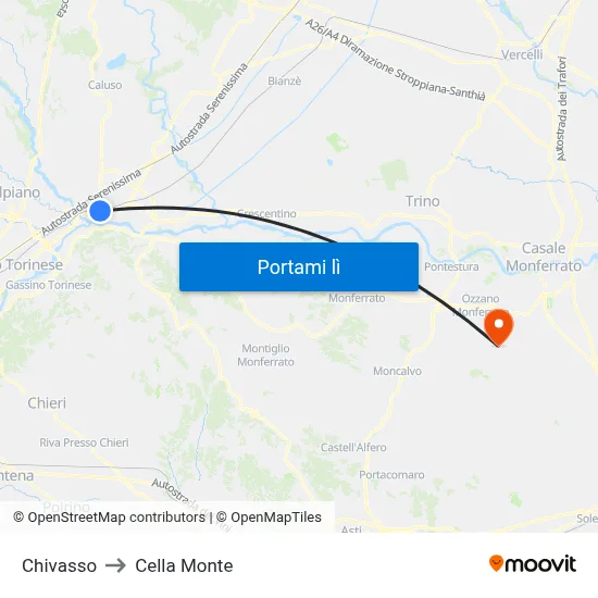 Chivasso to Cella Monte map