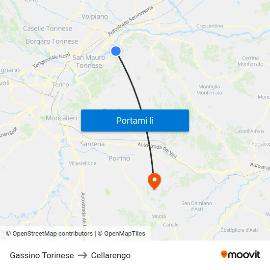 Gassino Torinese to Cellarengo map