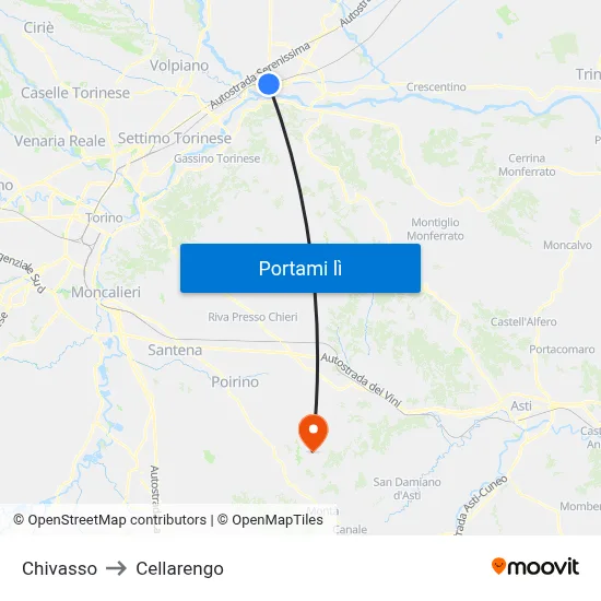 Chivasso to Cellarengo map