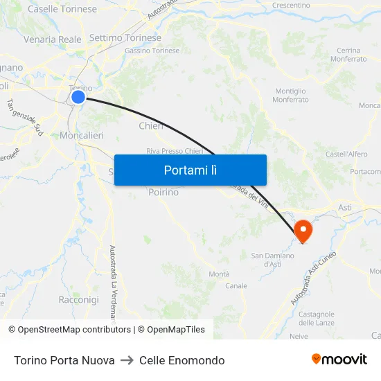 Torino Porta Nuova to Celle Enomondo map