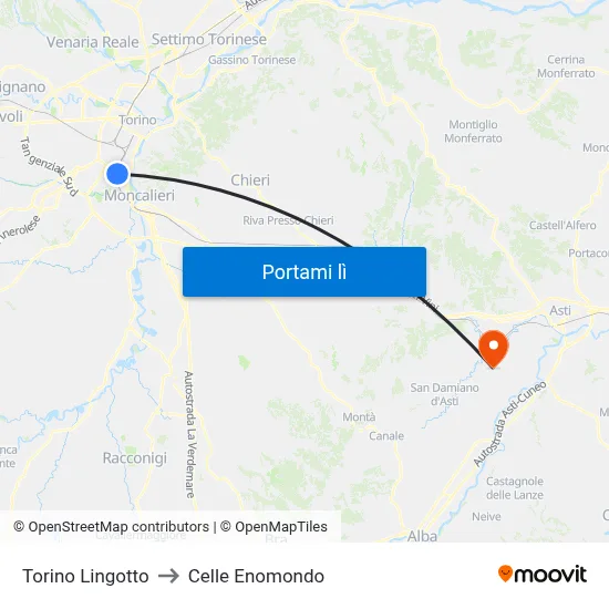 Torino Lingotto to Celle Enomondo map