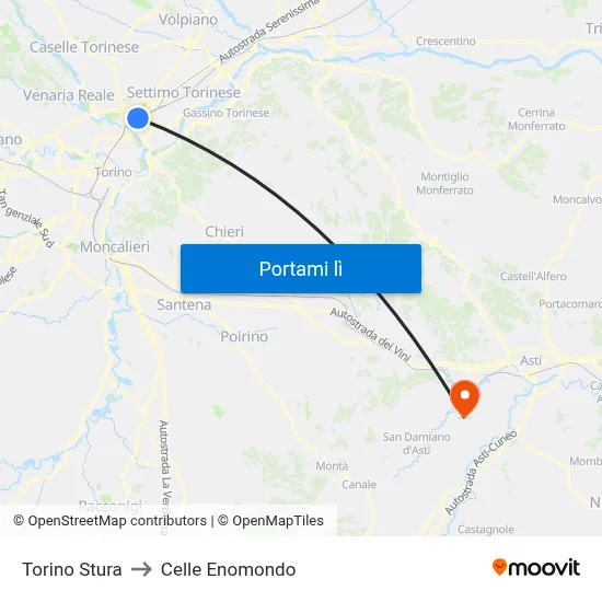 Torino Stura to Celle Enomondo map