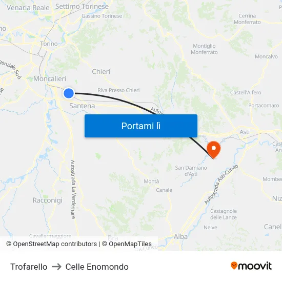 Trofarello to Celle Enomondo map