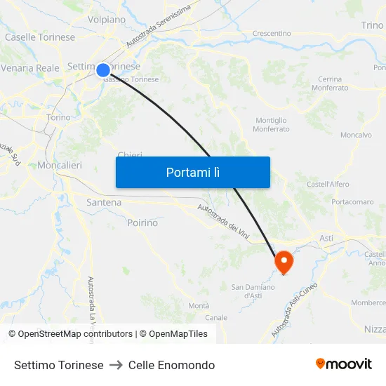 Settimo Torinese to Celle Enomondo map