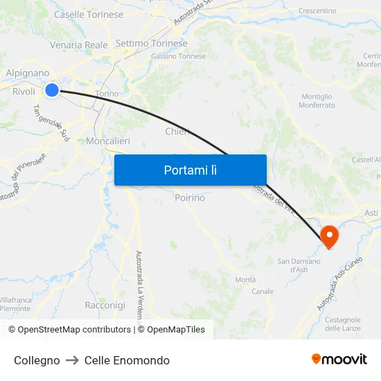 Collegno to Celle Enomondo map