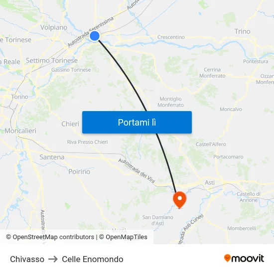 Chivasso to Celle Enomondo map