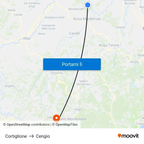 Cortiglione to Cengio map