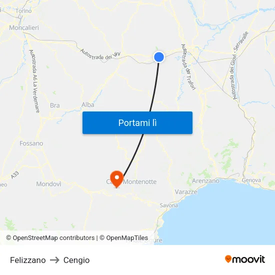 Felizzano to Cengio map