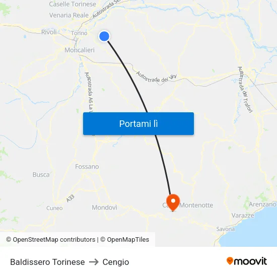 Baldissero Torinese to Cengio map