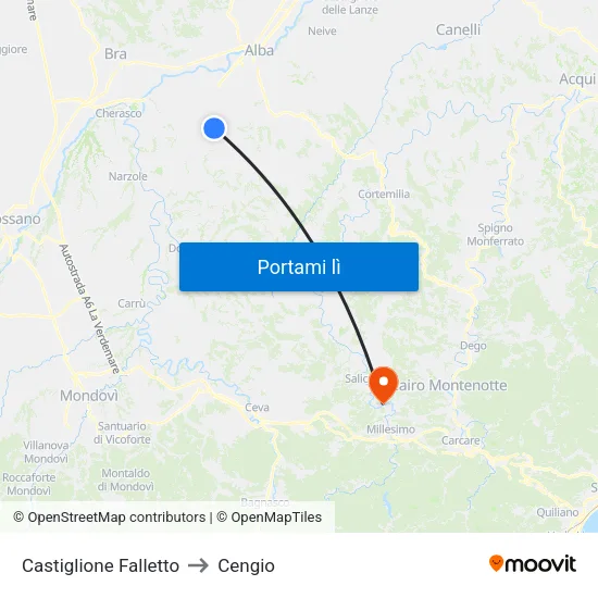 Castiglione Falletto to Cengio map