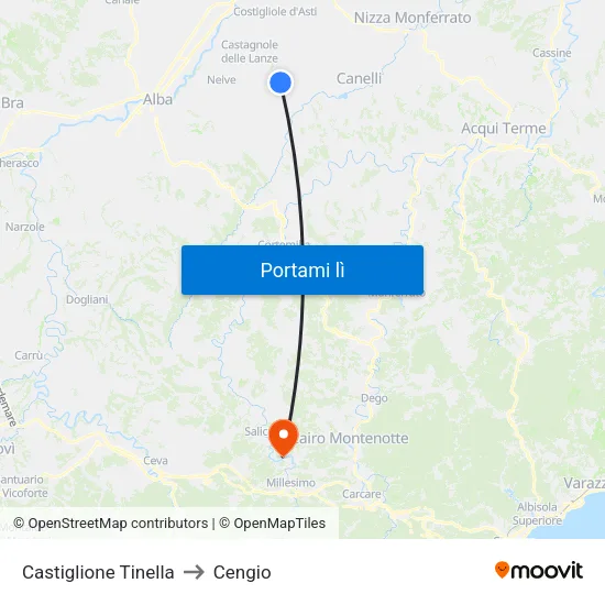 Castiglione Tinella to Cengio map