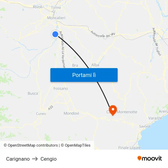 Carignano to Cengio map