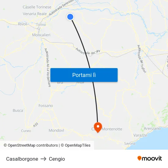 Casalborgone to Cengio map