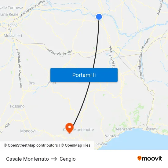 Casale Monferrato to Cengio map