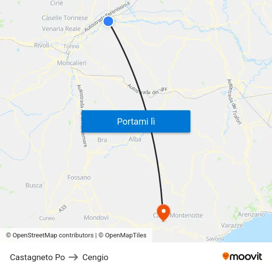 Castagneto Po to Cengio map