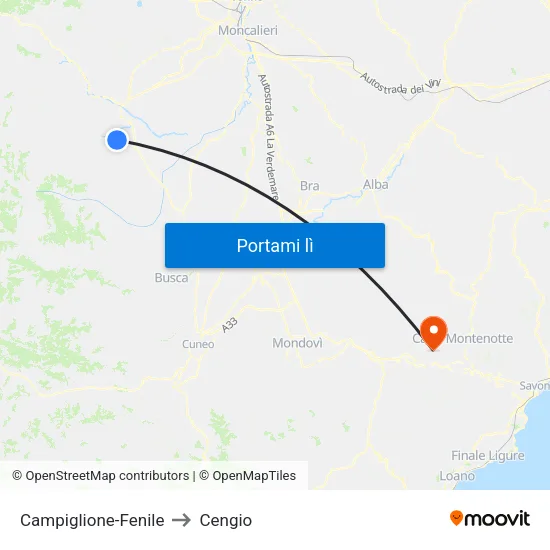 Campiglione-Fenile to Cengio map