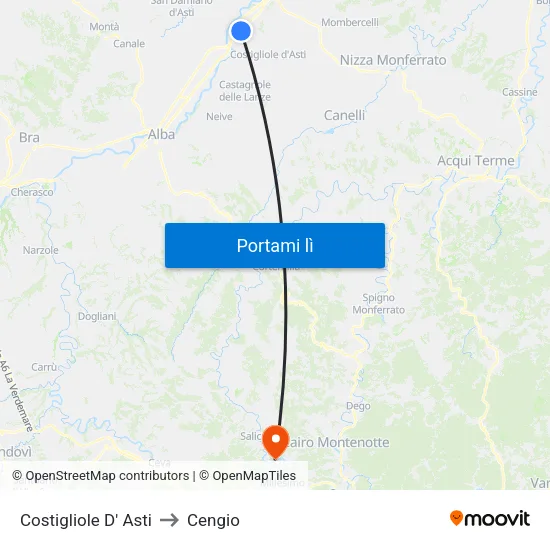 Costigliole D' Asti to Cengio map