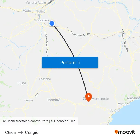 Chieri to Cengio map