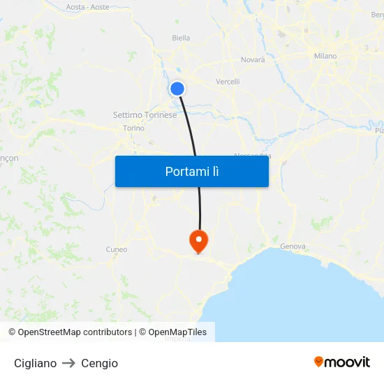 Cigliano to Cengio map