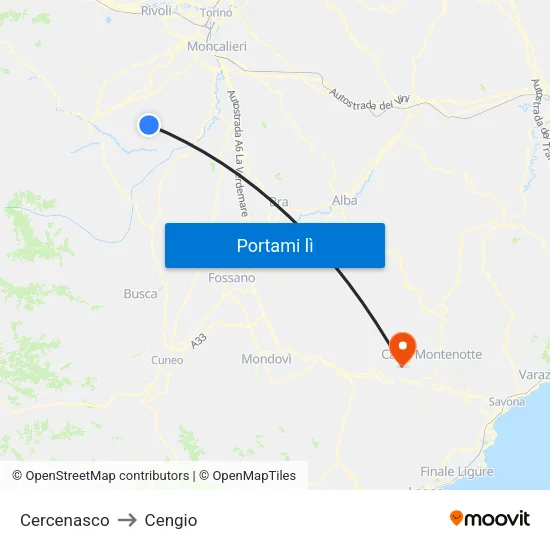 Cercenasco to Cengio map