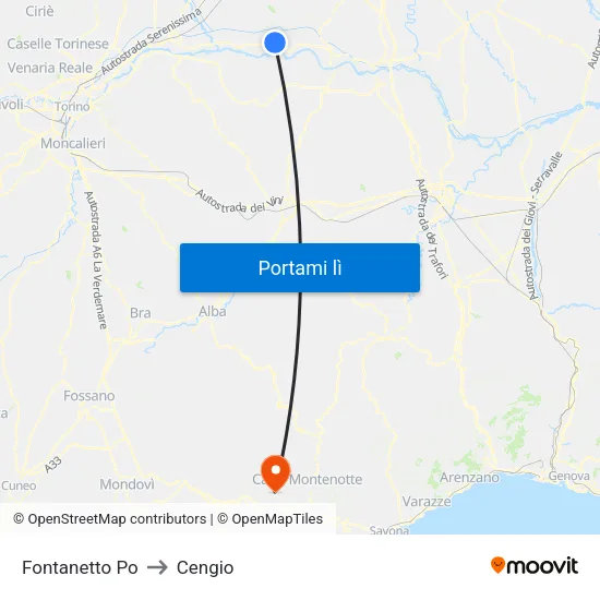 Fontanetto Po to Cengio map