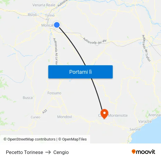 Pecetto Torinese to Cengio map