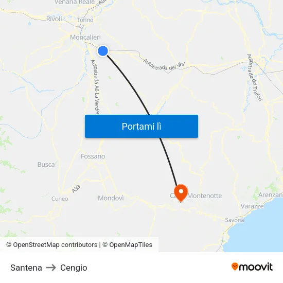 Santena to Cengio map