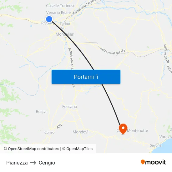 Pianezza to Cengio map