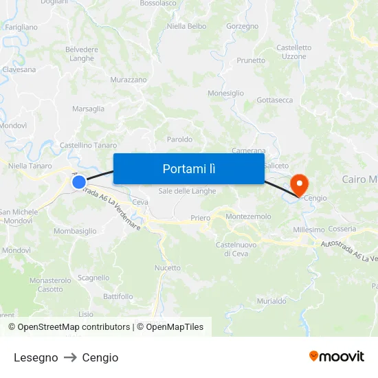 Lesegno to Cengio map