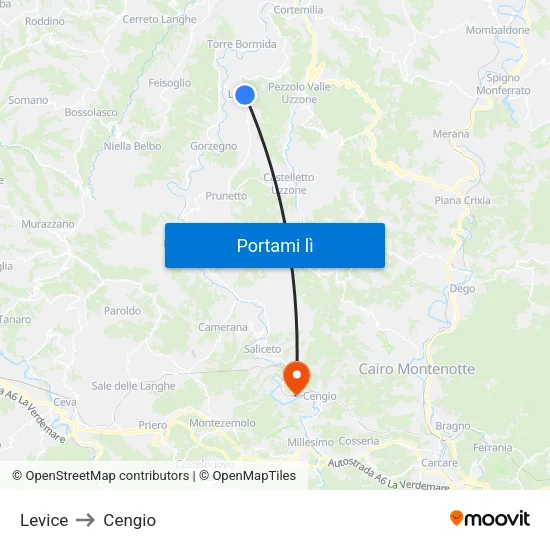 Levice to Cengio map