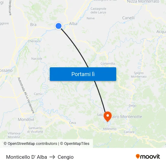 Monticello D' Alba to Cengio map