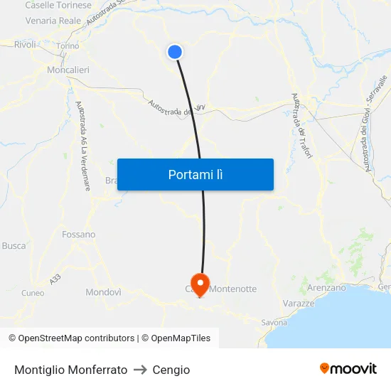 Montiglio Monferrato to Cengio map