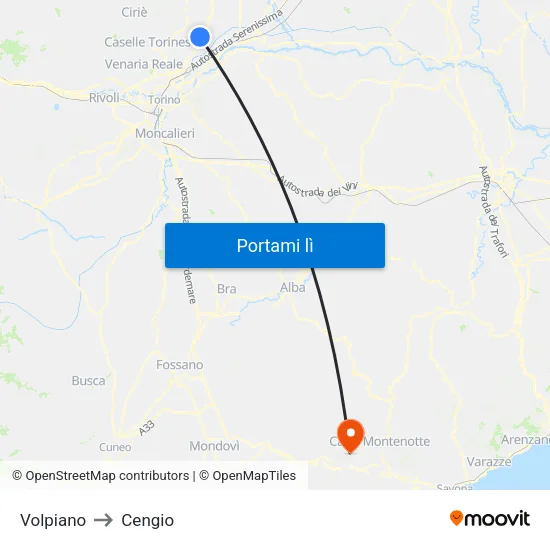 Volpiano to Cengio map