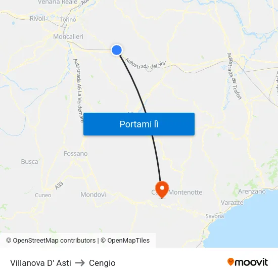 Villanova D' Asti to Cengio map