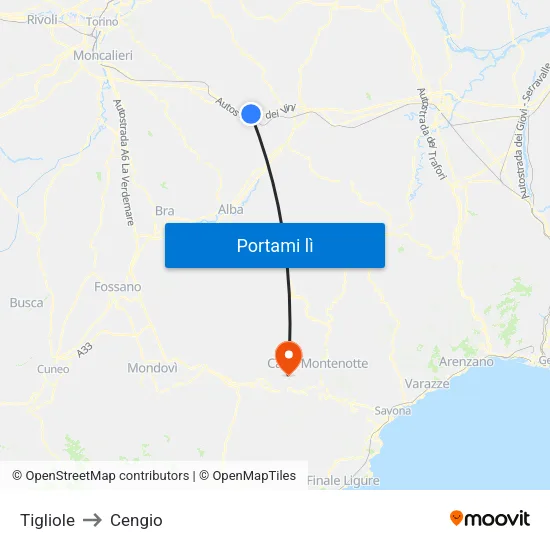 Tigliole to Cengio map