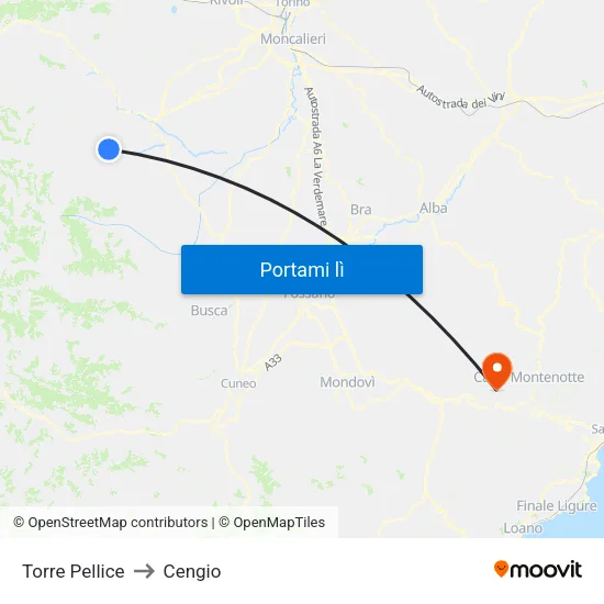 Torre Pellice to Cengio map