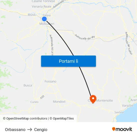 Orbassano to Cengio map