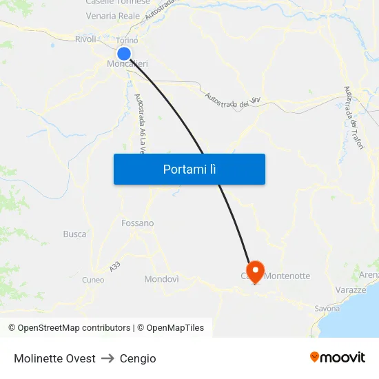 Molinette Ovest to Cengio map