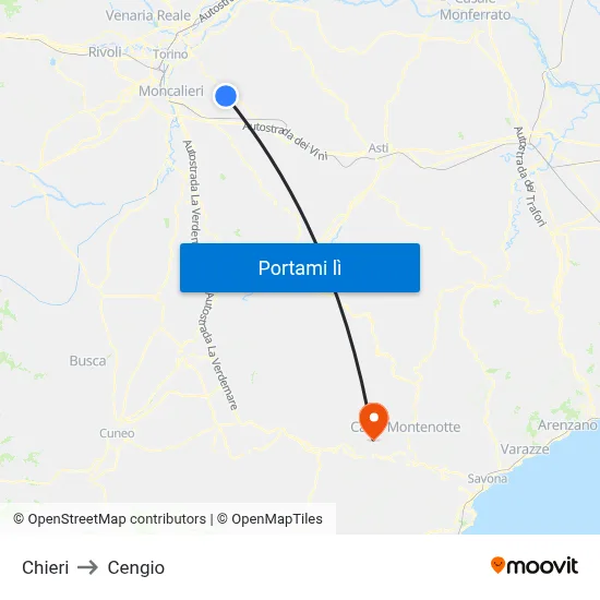 Chieri to Cengio map