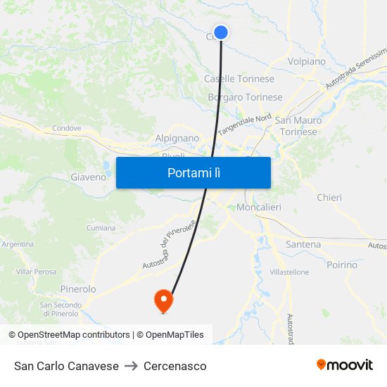 San Carlo Canavese to Cercenasco map