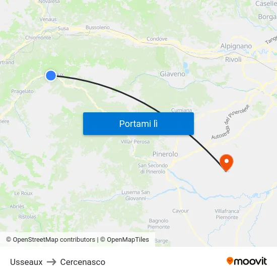Usseaux to Cercenasco map