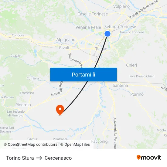Torino Stura to Cercenasco map
