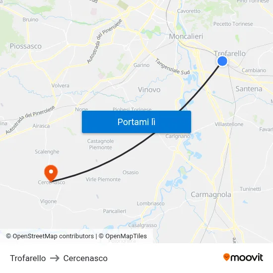 Trofarello to Cercenasco map