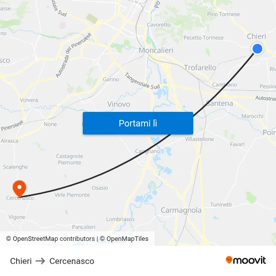 Chieri to Cercenasco map