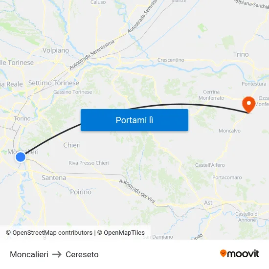 Moncalieri to Cereseto map