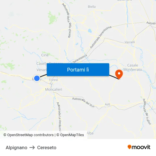 Alpignano to Cereseto map
